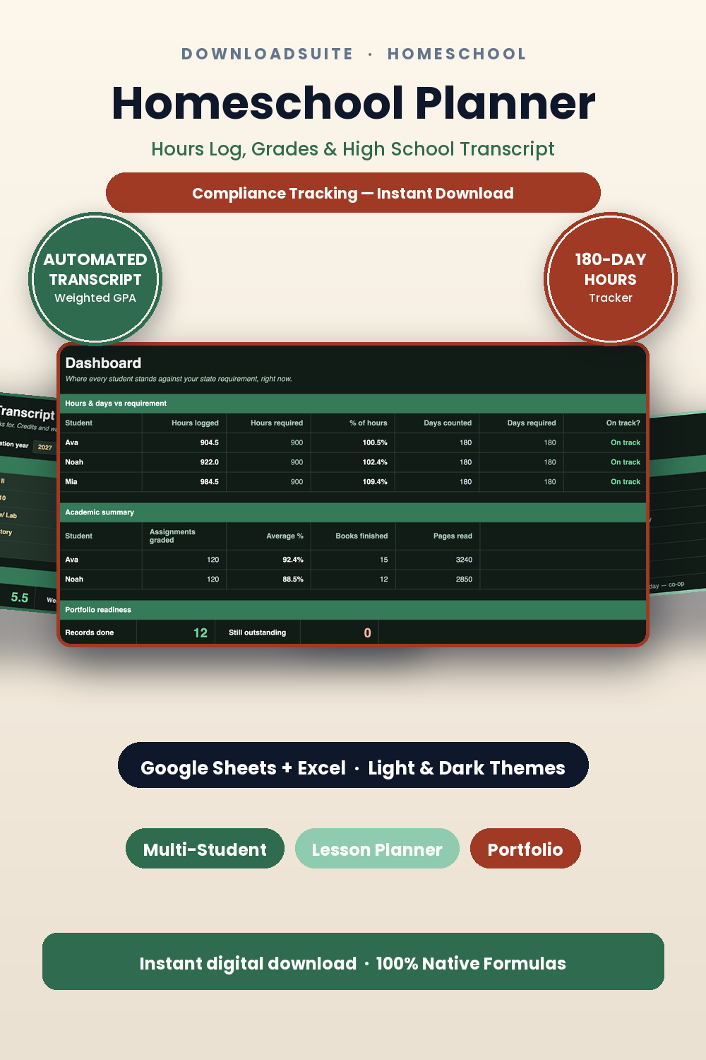 Homeschool Planner & Curriculum Attendance Tracker (Google Sheets & Excel)